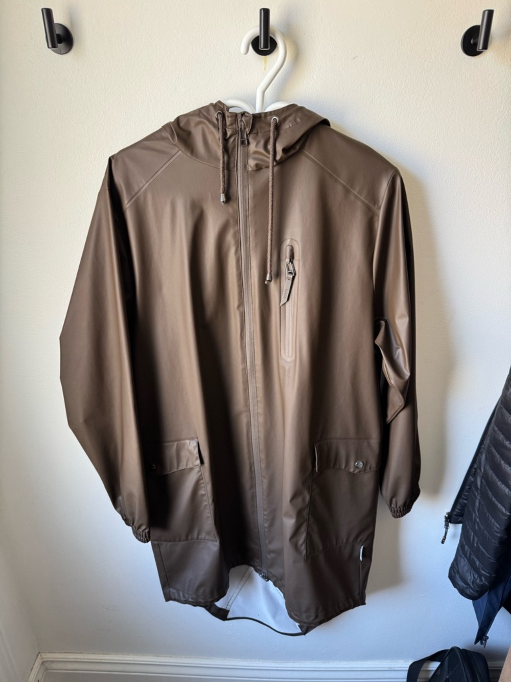 Rains Brown Hooded Raincoat with Chest Zip Pocket